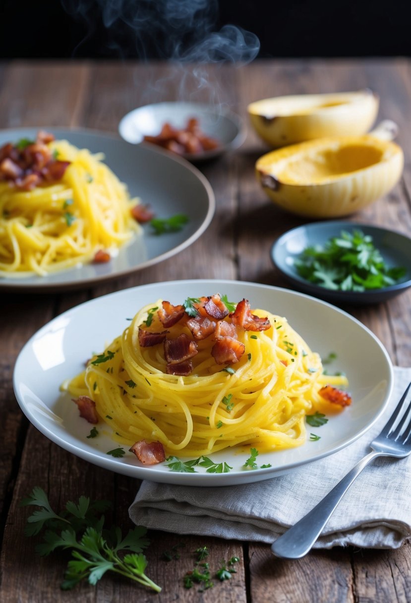 A steaming plate of spaghetti squash carbonara with crispy bacon bits and fresh herbs on a rustic wooden table