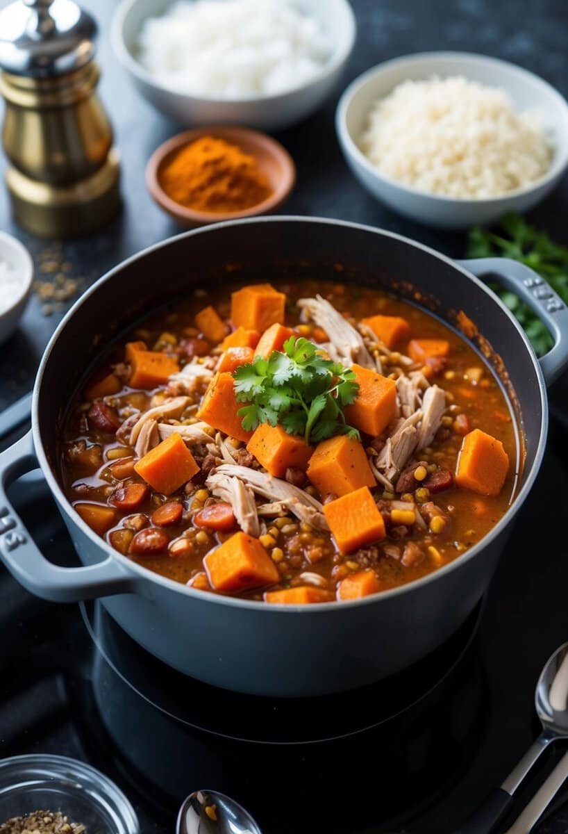 A simmering pot of turkey and sweet potato chili on a stovetop, surrounded by various spices and ingredients