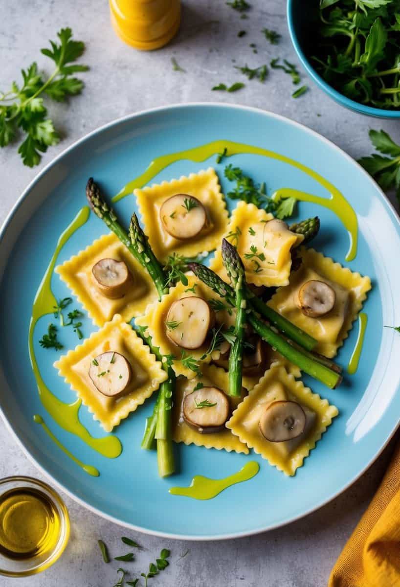 A colorful plate of mushroom and asparagus ravioli, garnished with fresh herbs and drizzled with olive oil