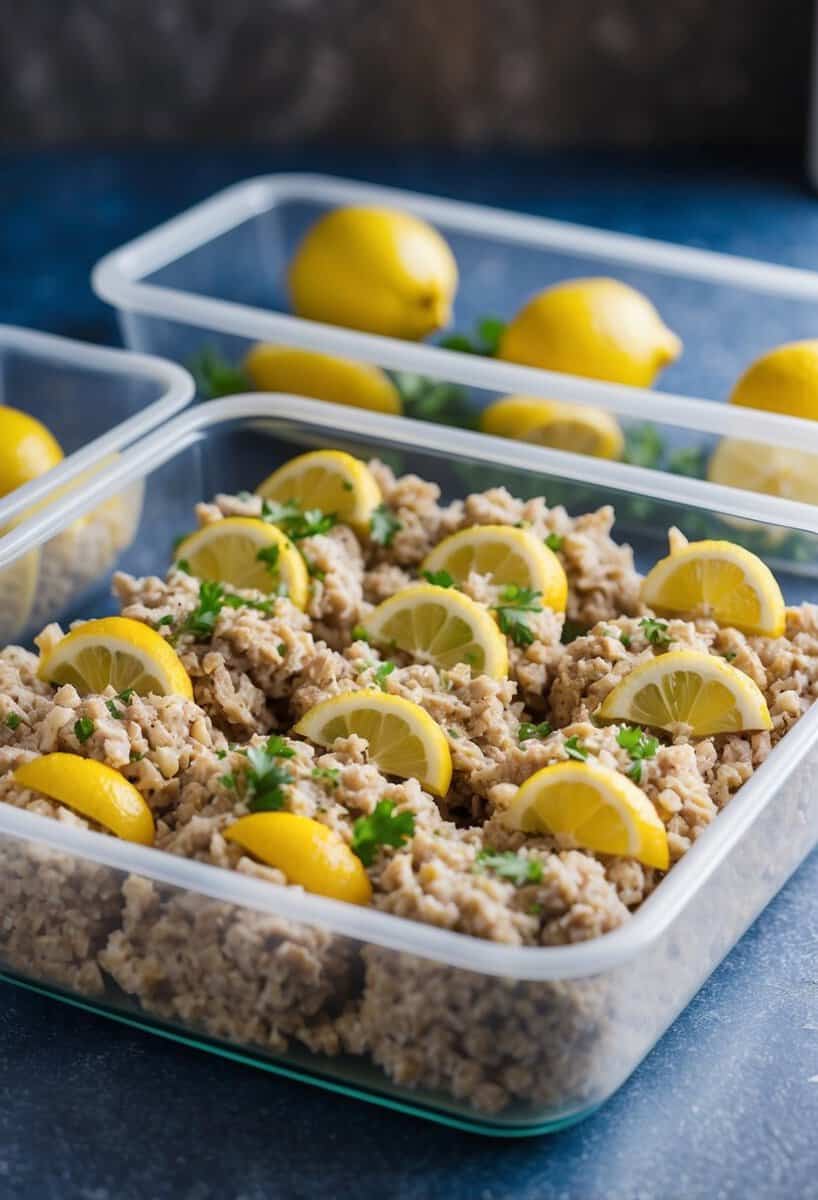 Ground turkey mixed with lemon and garlic, shaped into bite-sized portions and arranged in freezer-safe containers