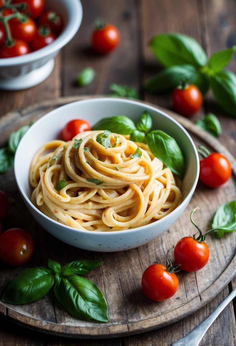 A bowl of creamy red pepper alfredo pasta surrounded by fresh basil and cherry tomatoes on a rustic wooden table