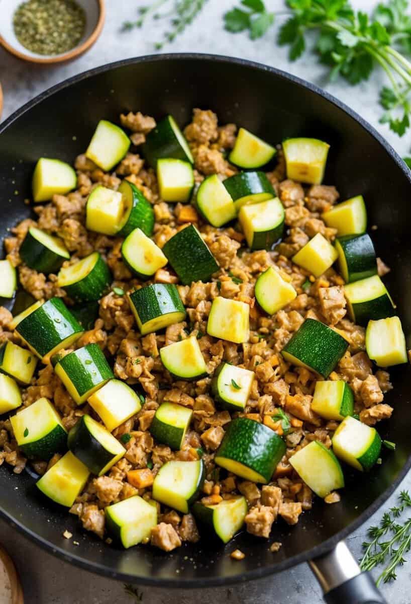 A sizzling skillet with diced zucchini and ground turkey, surrounded by various herbs and spices, ready to be stir-fried