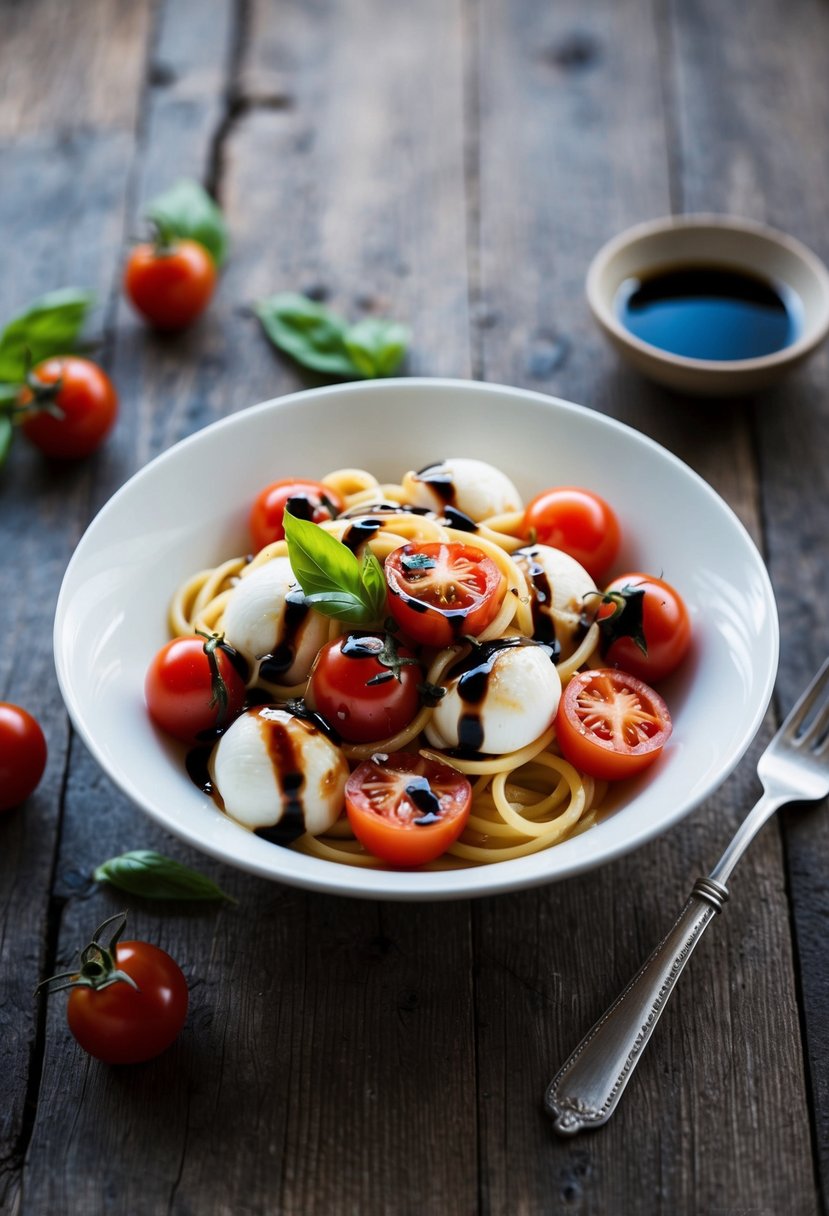 A bowl of caprese pasta with cherry tomatoes, mozzarella, and basil, drizzled with balsamic glaze, sits on a rustic wooden table