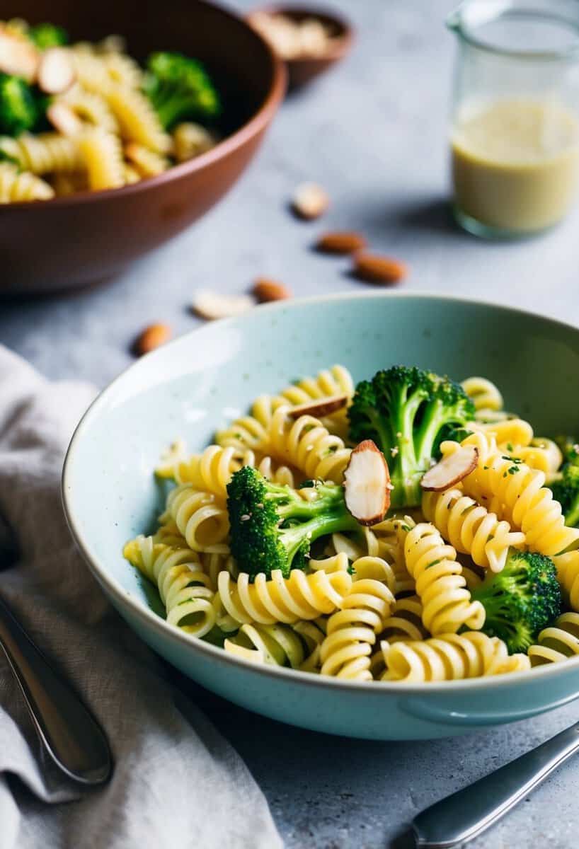 A colorful bowl of rotini pasta with broccoli florets and toasted almond slices, drizzled with a light vinaigrette