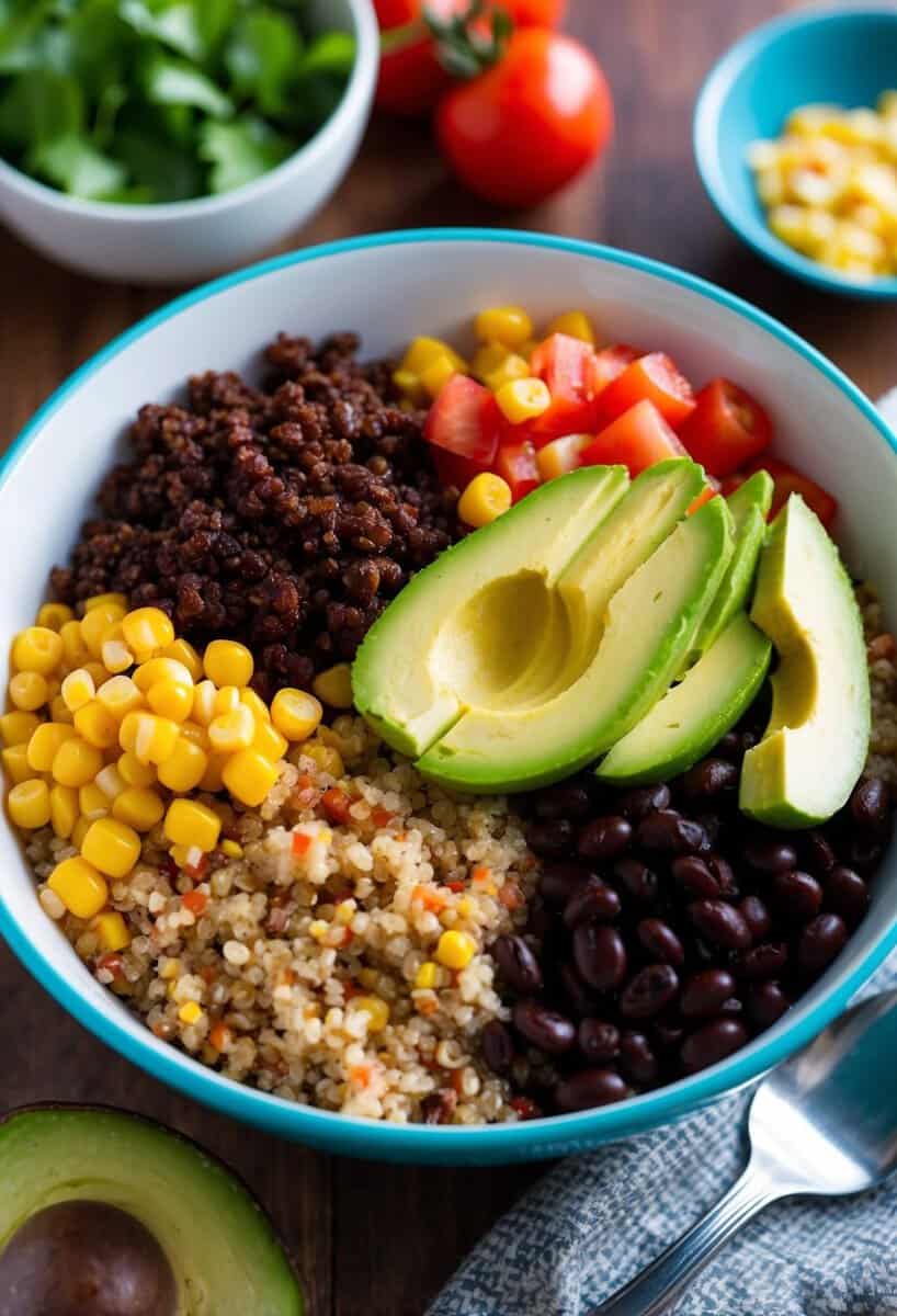 A colorful bowl filled with cooked quinoa, seasoned ground turkey, black beans, corn, diced tomatoes, and sliced avocado, ready to be assembled into a delicious burrito bowl