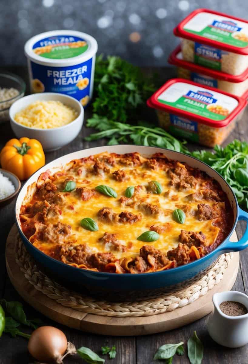 A bubbling pan of Italian turkey sausage lasagna, surrounded by fresh ingredients and containers of freezer meals