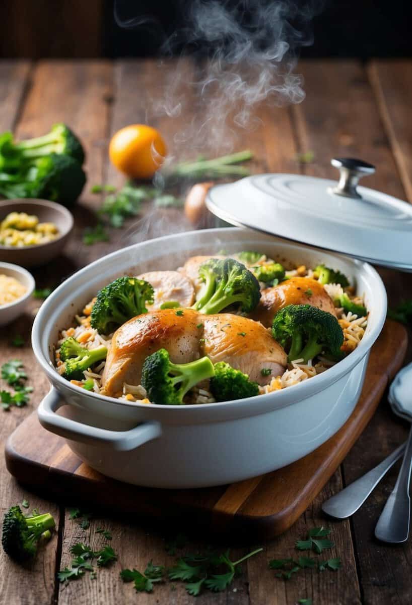 A steaming casserole dish filled with turkey, broccoli, and rice sits on a rustic wooden table, surrounded by scattered ingredients and cooking utensils