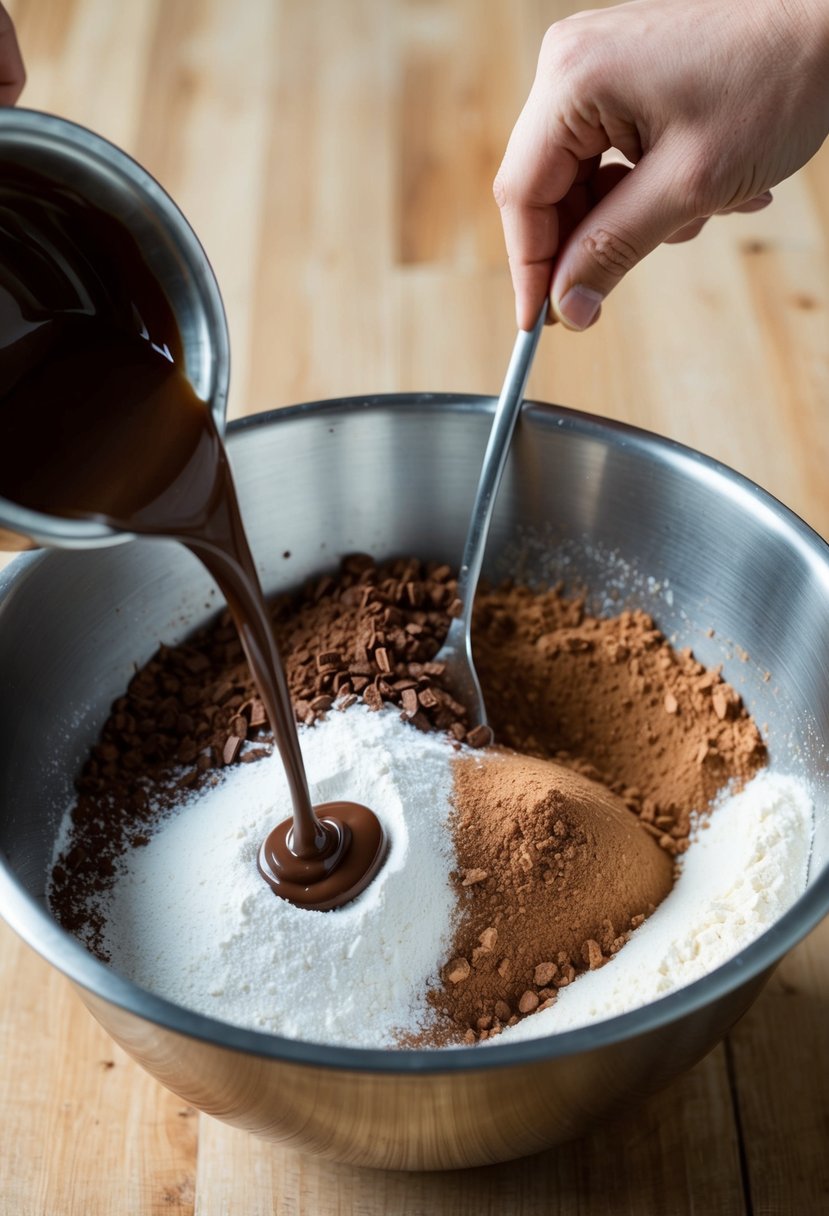 A mixing bowl filled with cocoa, flour, and sugar. A hand pouring melted chocolate into the bowl