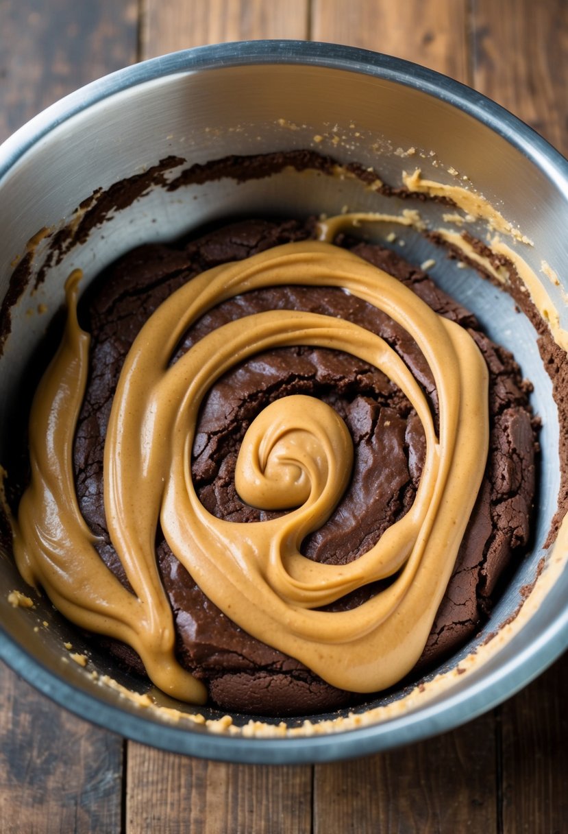 A mixing bowl filled with brownie batter swirled with creamy peanut butter, ready to be poured into a greased baking pan