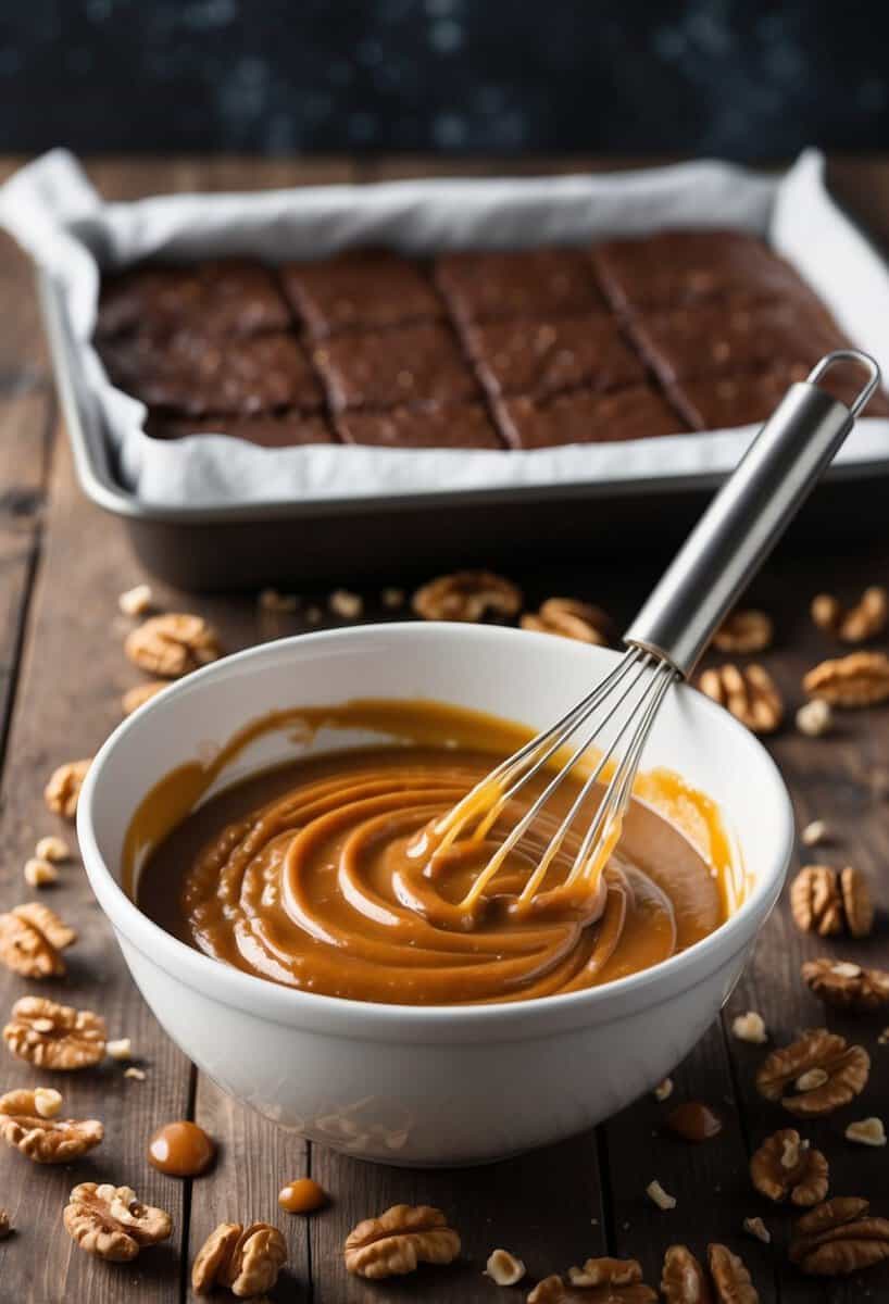 A mixing bowl filled with batter, surrounded by scattered walnuts and caramel sauce. A pan of brownies sits in the background