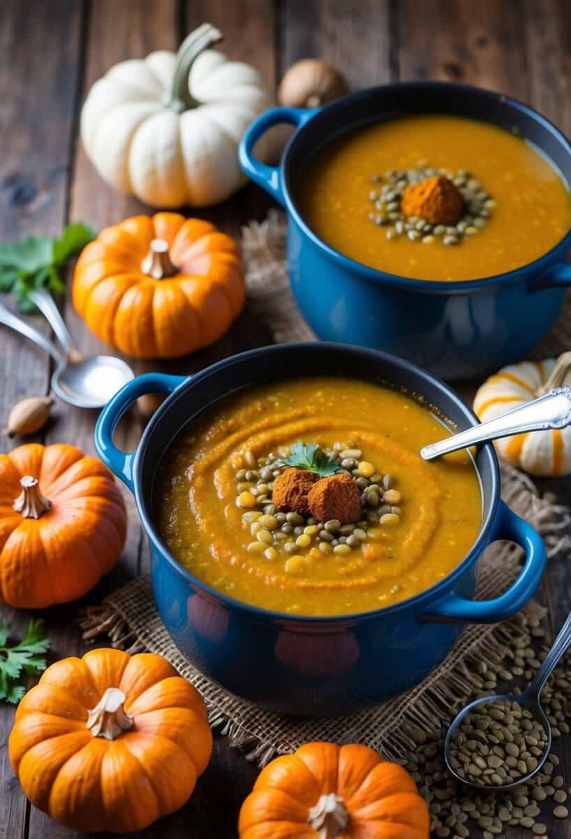 A steaming pot of spiced pumpkin lentil soup on a rustic wooden table, surrounded by fresh pumpkins, lentils, and aromatic spices