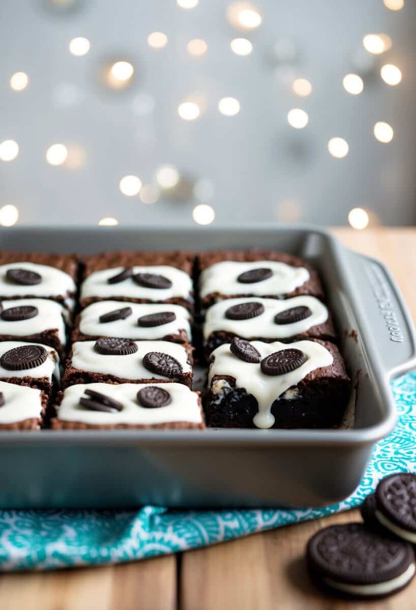 A tray of gooey cookies and cream brownies, fresh out of the easy bake oven