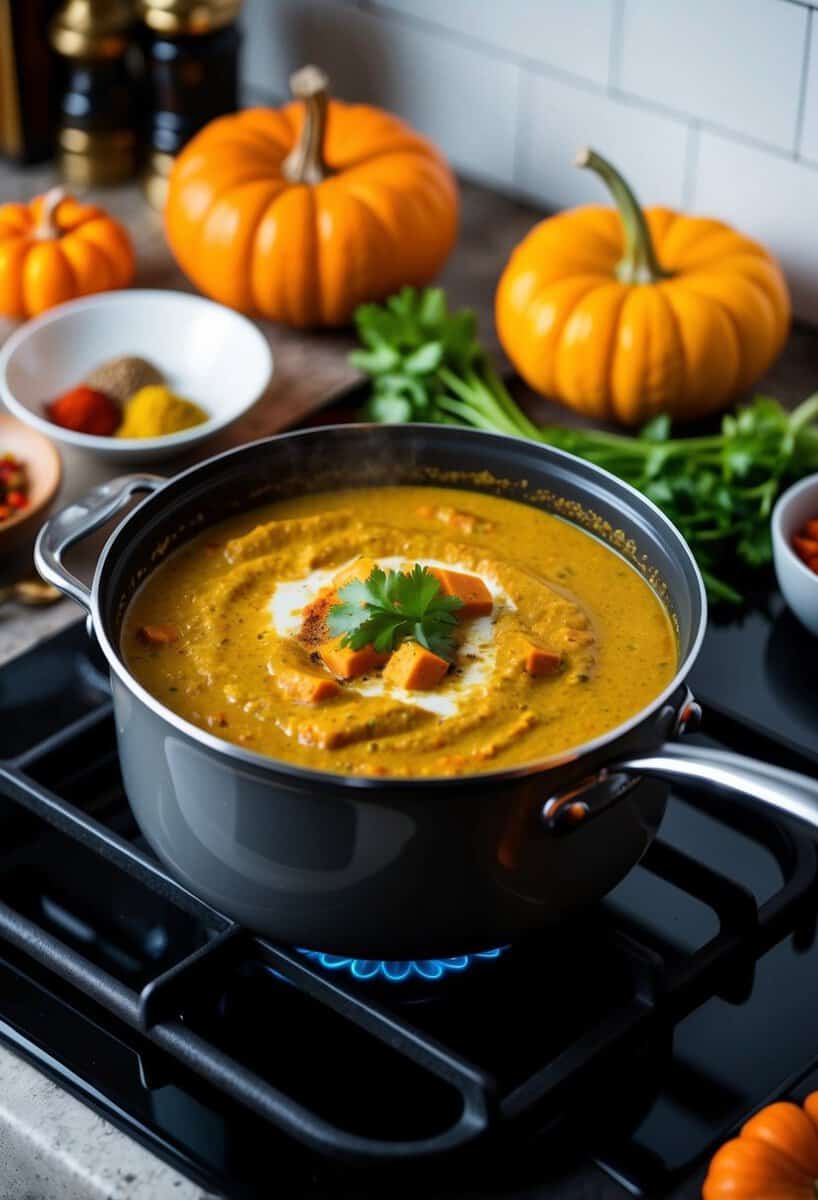 A bubbling pot of creamy pumpkin coconut curry simmers on a stovetop, surrounded by vibrant spices and fresh vegetables