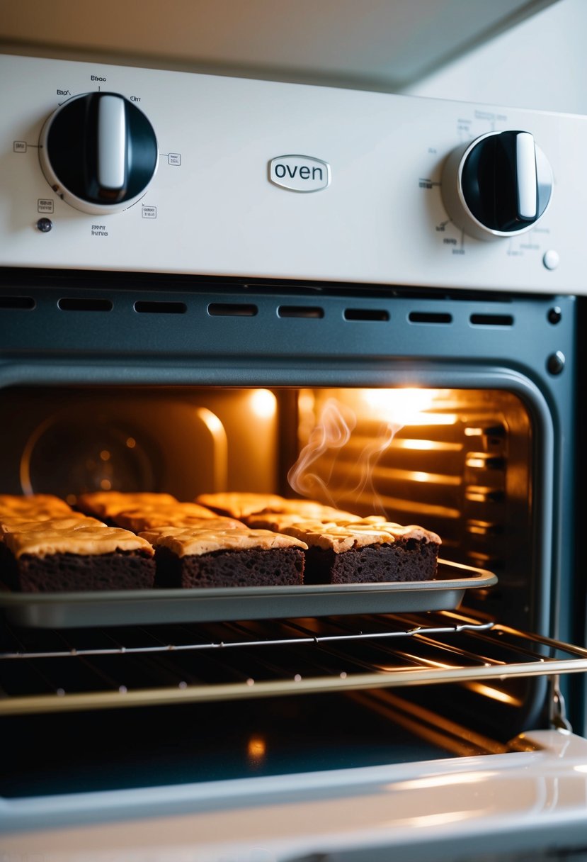 A small oven with a tray of espresso brownies inside, emitting a warm and inviting aroma