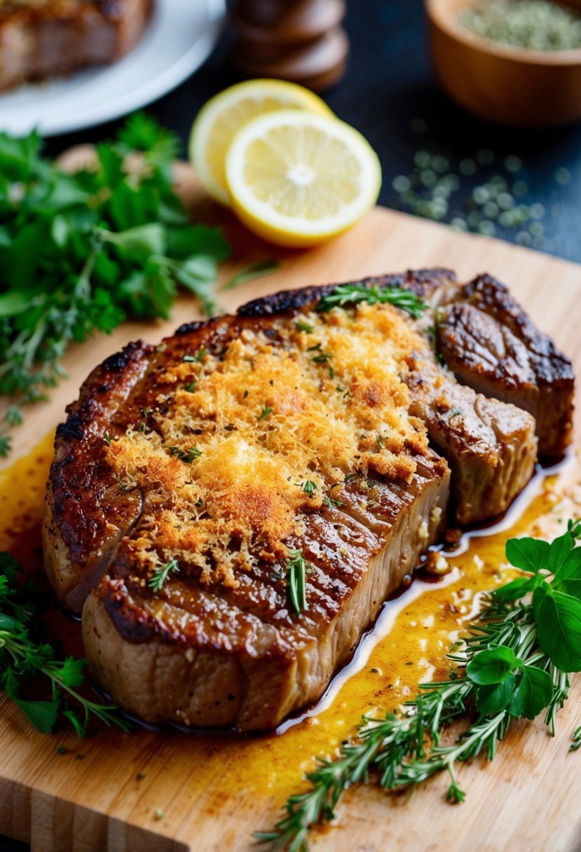 A sizzling steak with a golden parmesan crust, resting on a cutting board, surrounded by fresh herbs and seasonings