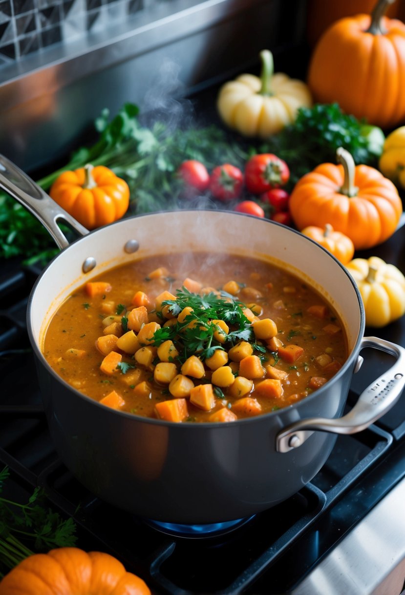 A steaming pot of pumpkin chickpea stew simmers on a stovetop, surrounded by colorful vegetables and herbs