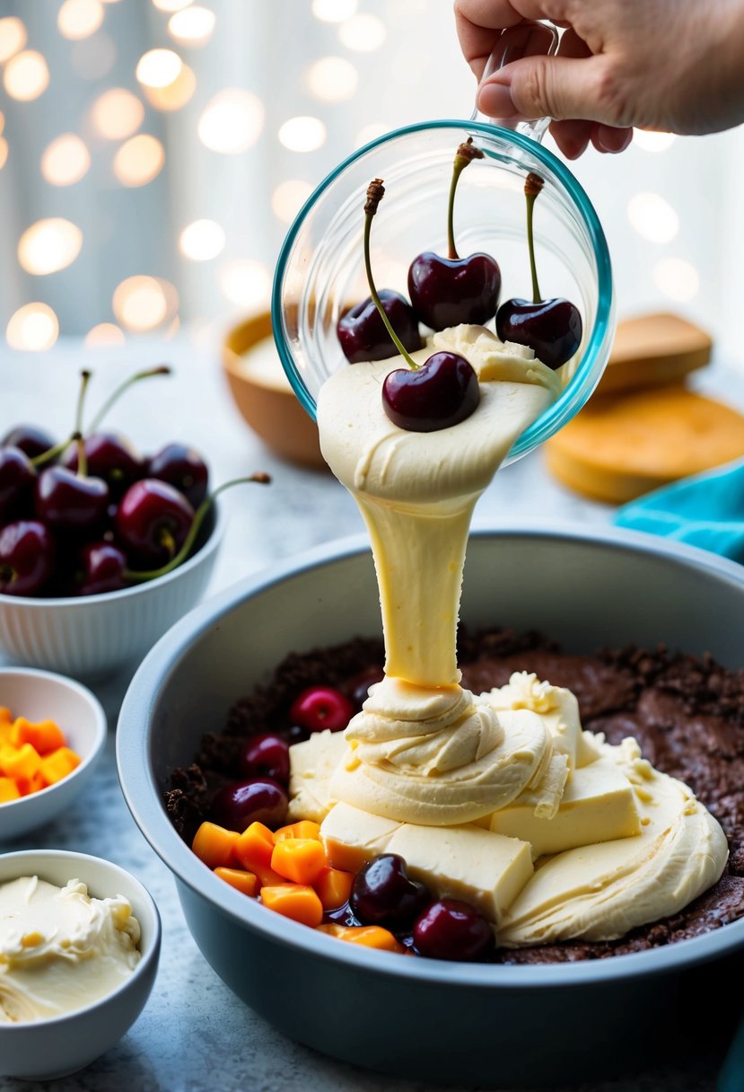 A colorful array of cherries, cream cheese, and brownie batter being mixed in a bowl, ready to be poured into a baking pan