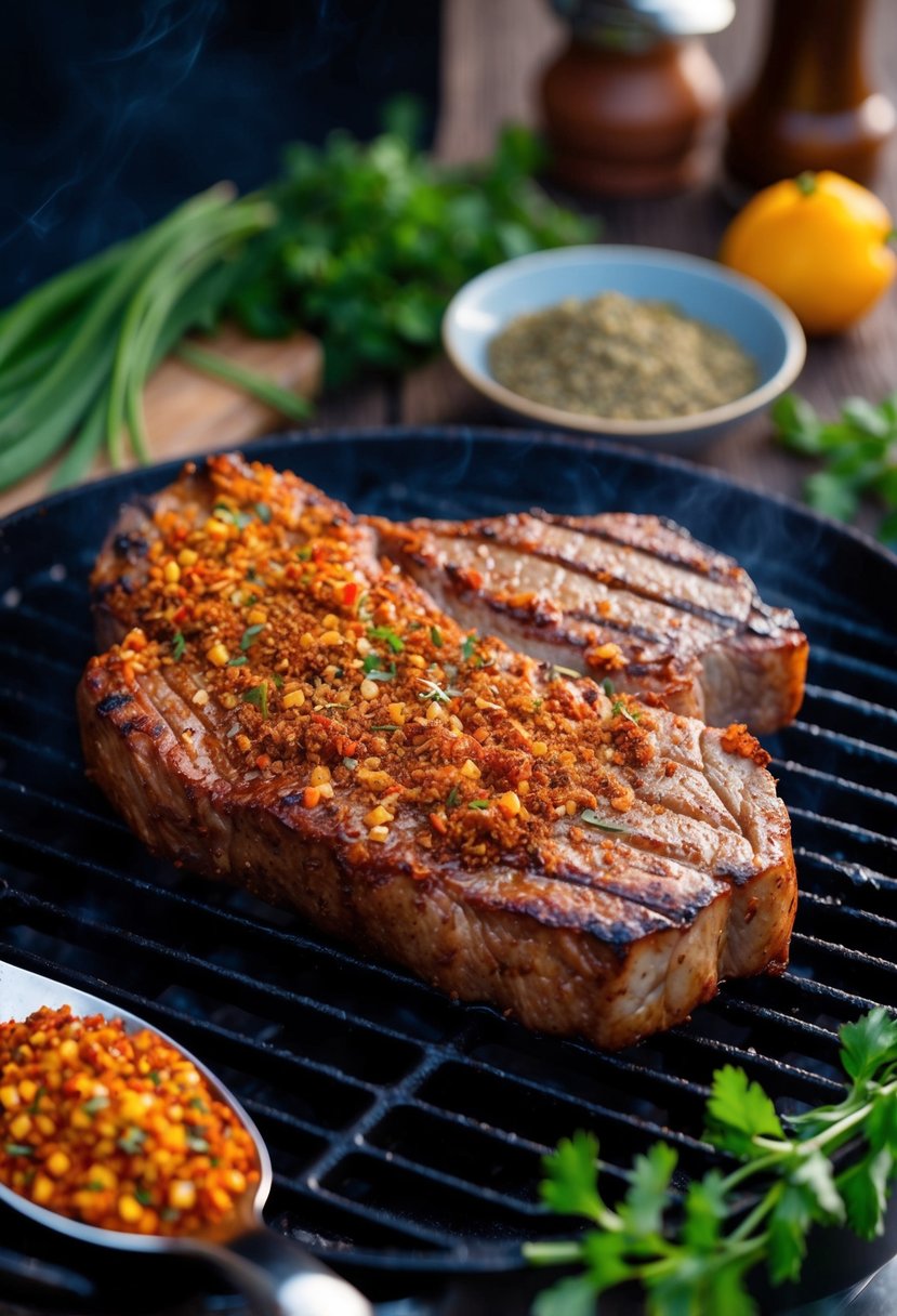 A sizzling ranch steak coated in chili rub on a grill, surrounded by fresh herbs and spices