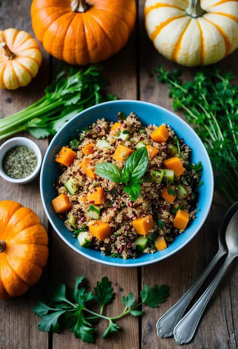 A rustic wooden table with a colorful bowl of quinoa salad, surrounded by fresh pumpkin, herbs, and other plant-based ingredients