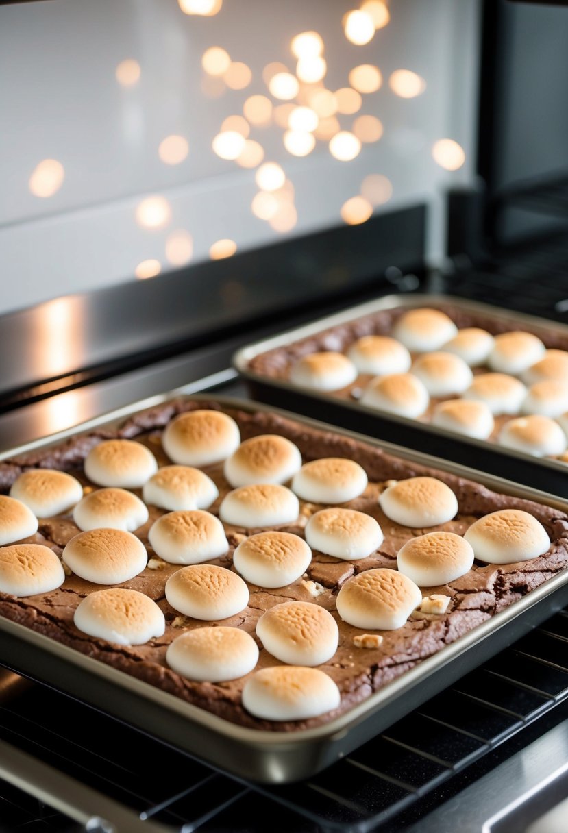 A tray of gooey s'mores brownies baking in the oven