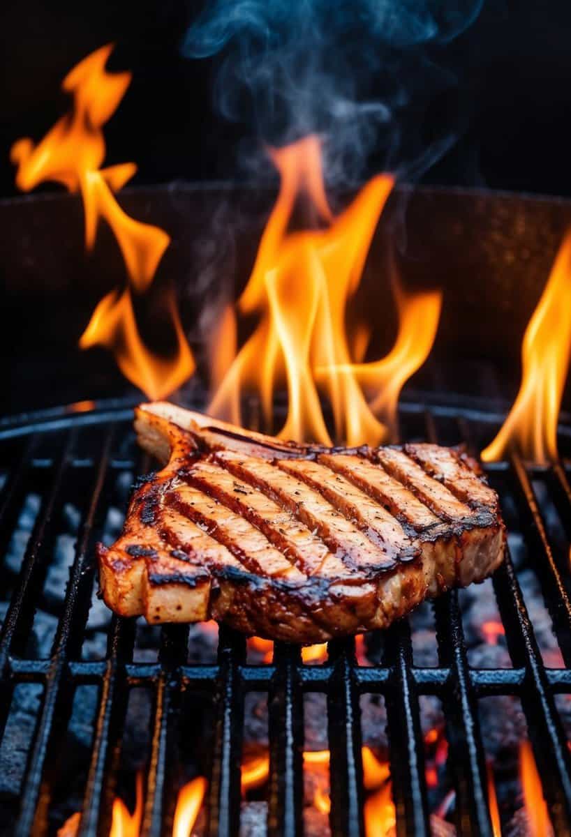 A sizzling Longhorn Ribeye steak on a hot grill, surrounded by flames and smoke, with grill marks and a juicy interior