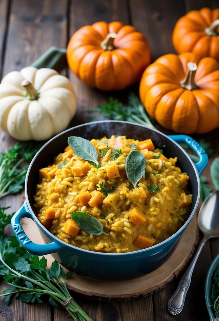 A steaming pot of creamy pumpkin sage risotto, surrounded by fresh pumpkins and herbs on a rustic wooden table