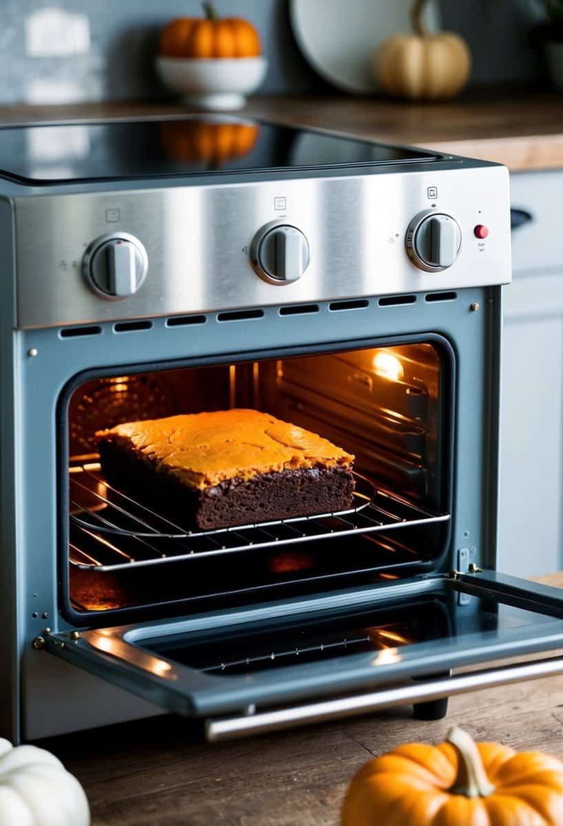 A small oven with pumpkin spice brownies baking inside