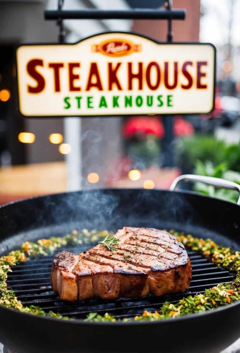 A sizzling ribeye steak cooks on a grill, surrounded by herbs and spices. A steakhouse sign hangs in the background