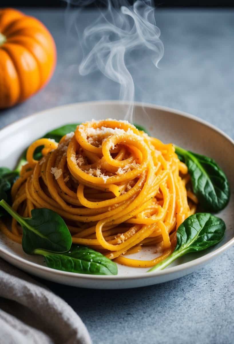 A steaming plate of pumpkin spaghetti topped with vibrant green spinach leaves