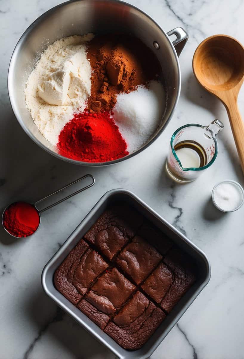 A mixing bowl with cocoa powder, flour, sugar, and red food coloring. A spatula and baking pan with freshly baked red velvet brownies