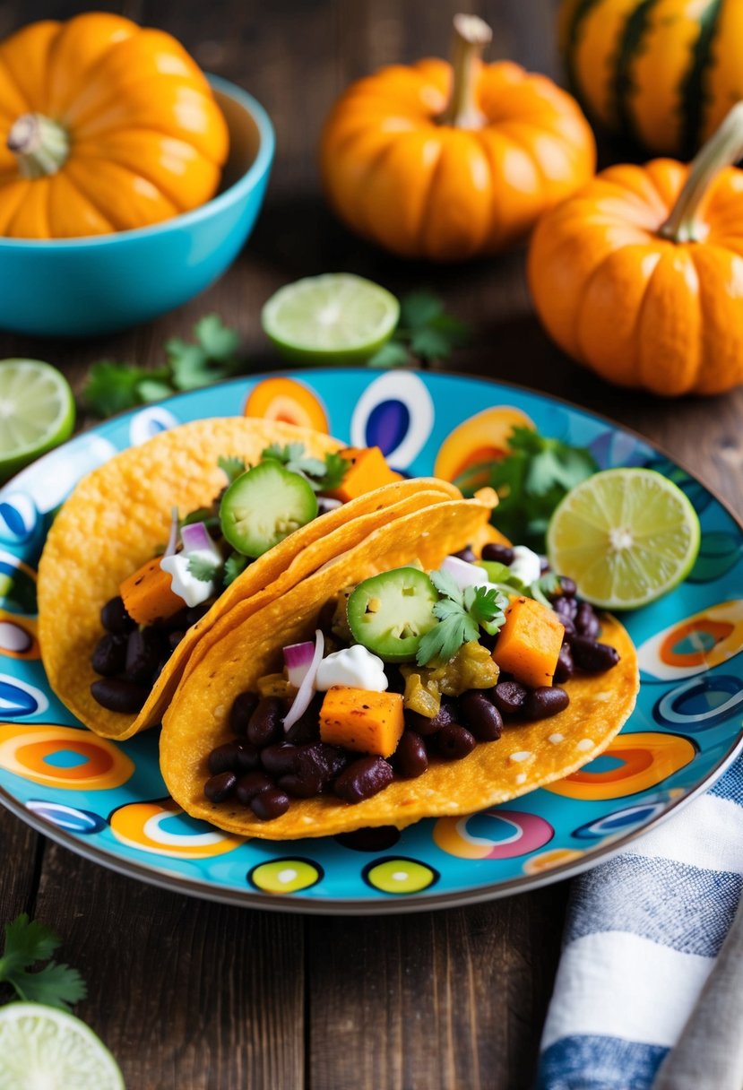 A colorful plate of roasted pumpkin black bean tacos with fresh toppings on a rustic wooden table