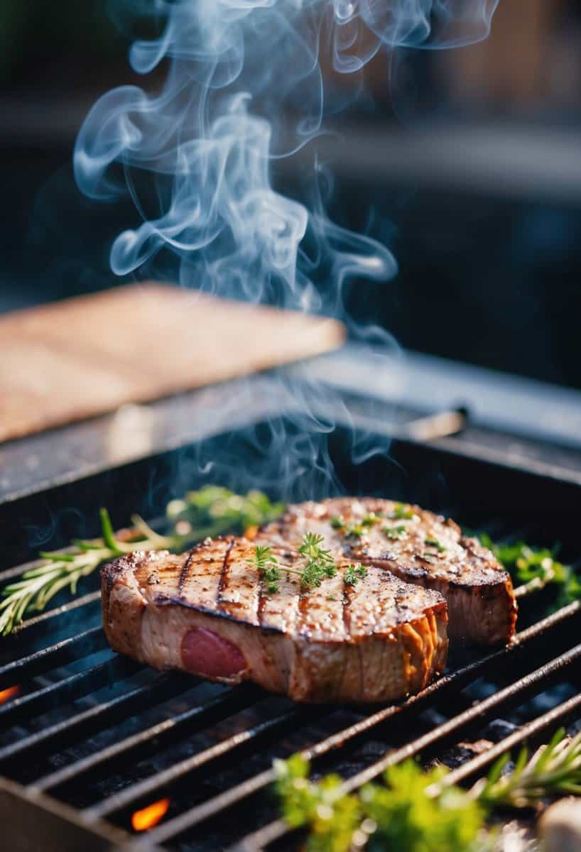 A sizzling sirloin steak on a hot grill, surrounded by aromatic seasonings and herbs, with wisps of smoke rising into the air