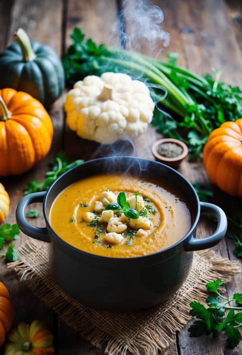 A steaming pot of pumpkin cauliflower soup surrounded by fresh vegetables and herbs on a rustic wooden table