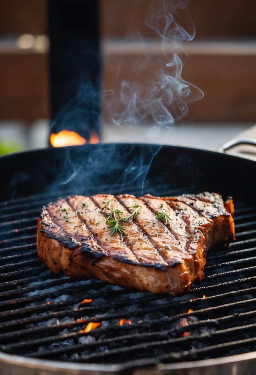 A sizzling ribeye steak grilling on a hot, smoky barbecue, with grill marks and a charred crust, surrounded by seasonings and herbs