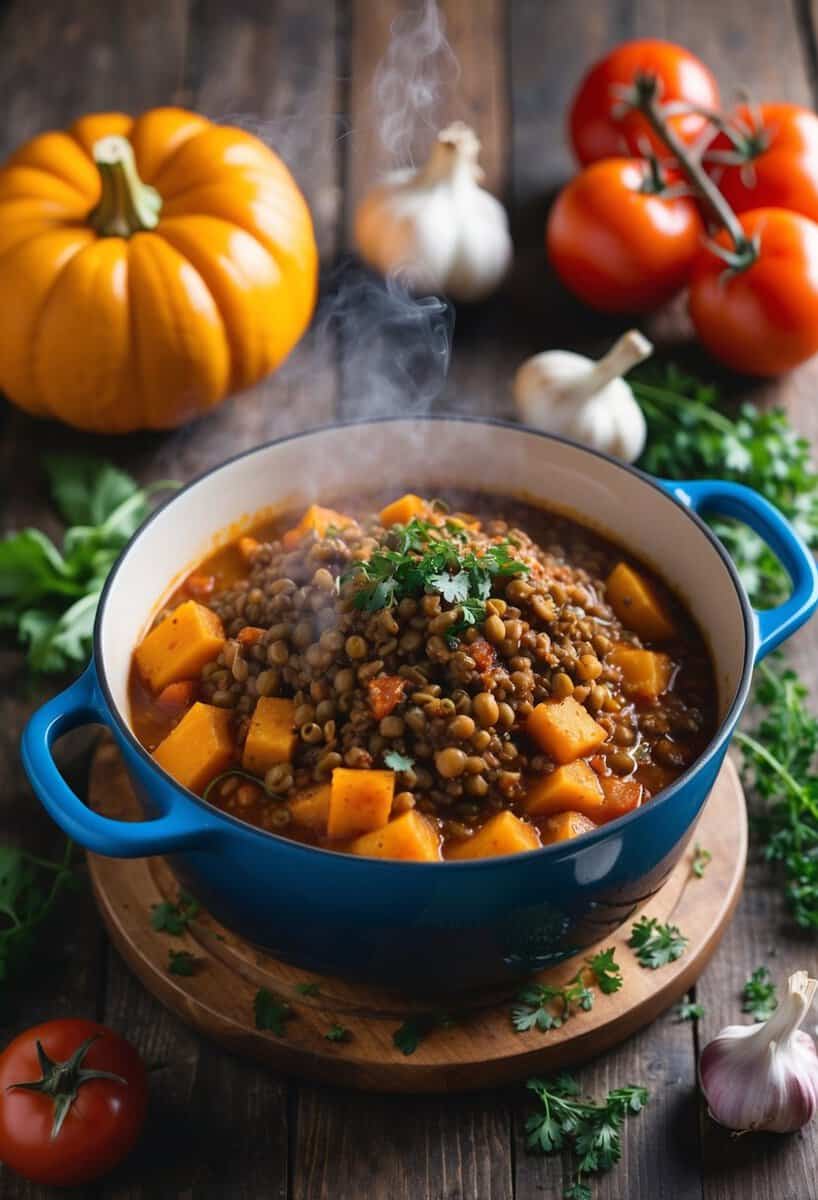 A steaming pot of pumpkin and lentil bolognese simmers on a rustic wooden table, surrounded by fresh ingredients like tomatoes, garlic, and herbs