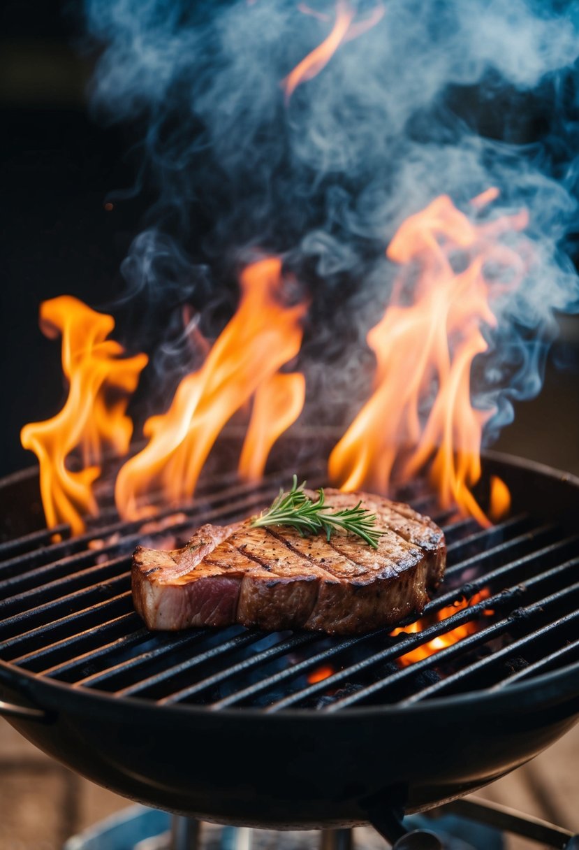 A sizzling porterhouse steak on a hot grill, surrounded by flames and billowing smoke, with a hint of seasoning and herbs