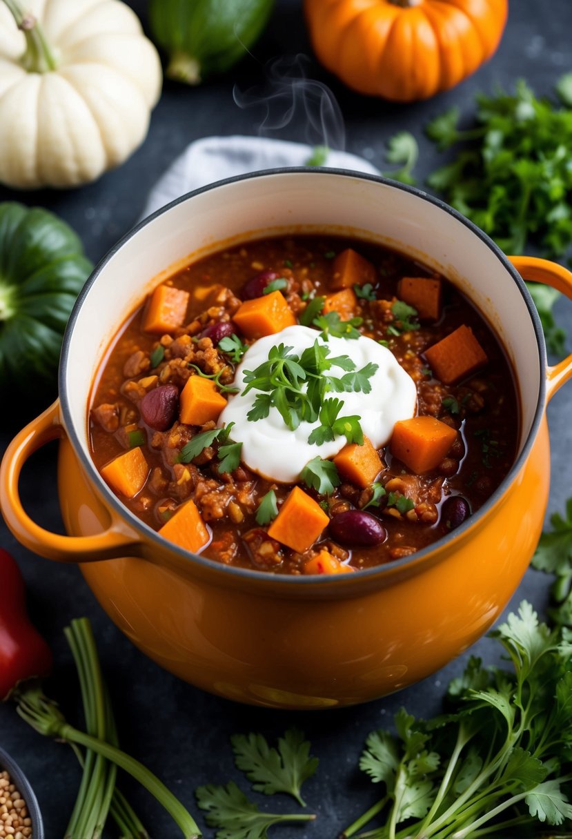 A steaming pot of hearty pumpkin chili surrounded by fresh vegetables and herbs