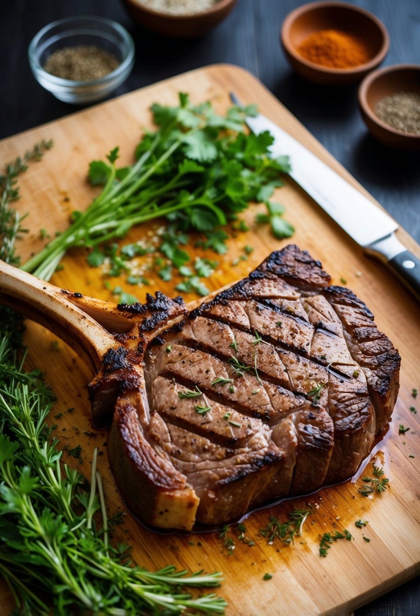 A sizzling longhorn steak rests on a wooden cutting board, surrounded by fresh herbs and spices. A grill marks the meat with charred lines