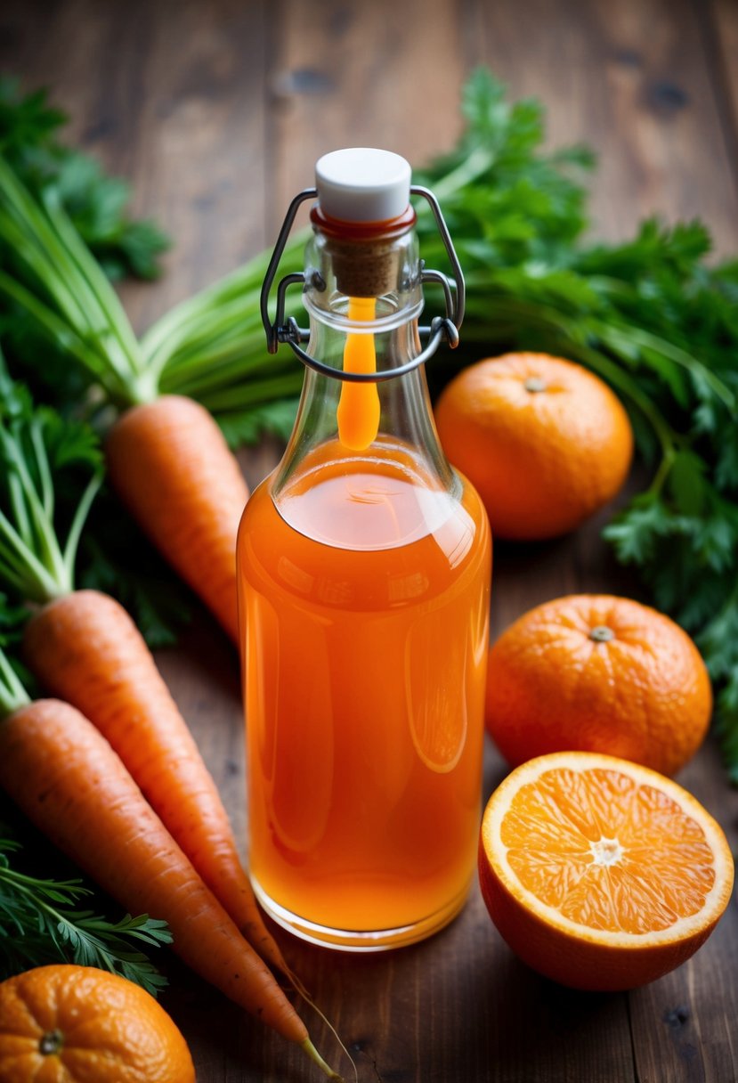 A glass bottle filled with vibrant orange liquid surrounded by fresh carrots and oranges