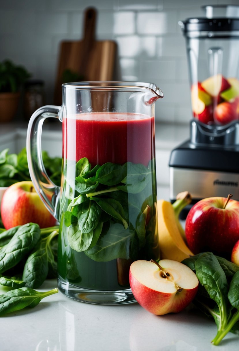 A glass pitcher filled with green spinach and red apple juice, surrounded by fresh produce and a blender on a kitchen counter