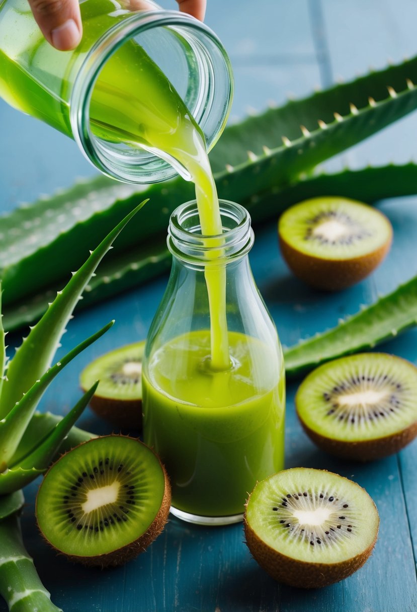 Aloe vera and kiwi blend being poured into a clear glass bottle, surrounded by fresh aloe vera leaves and ripe kiwi fruits