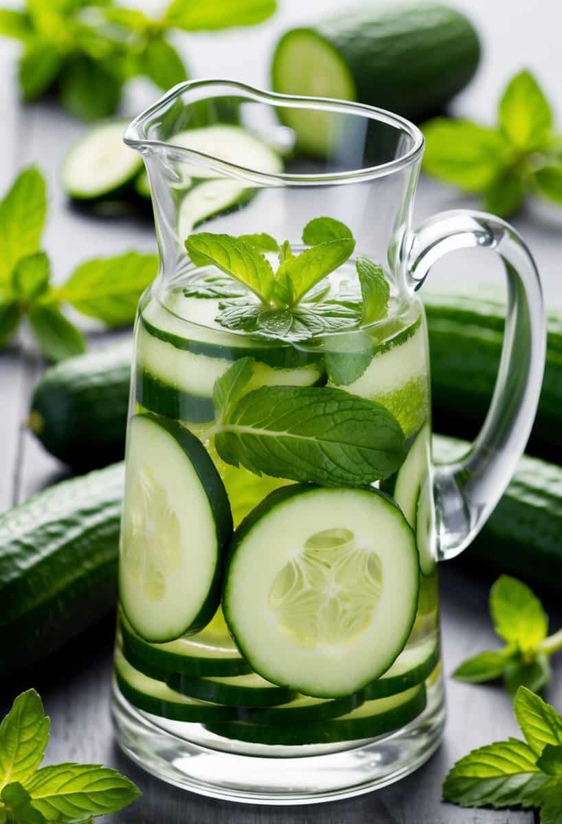 A glass pitcher filled with cucumber slices and mint leaves, surrounded by fresh cucumbers and mint sprigs