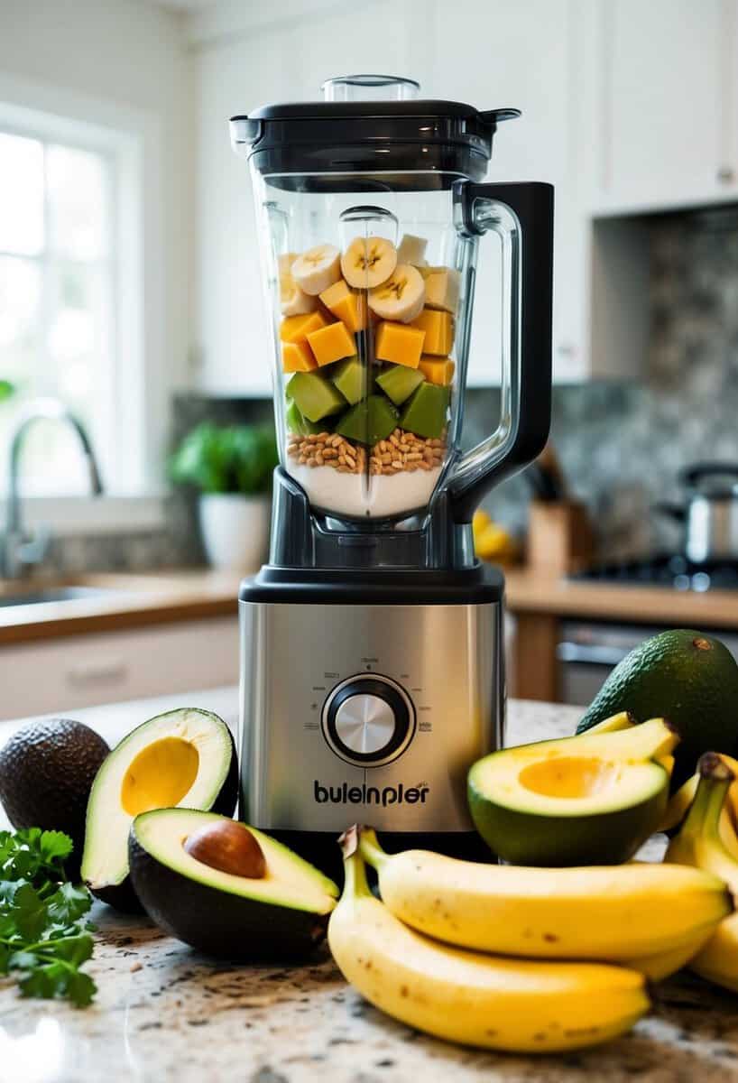 A blender surrounded by fresh avocados, bananas, and assorted ingredients on a kitchen counter