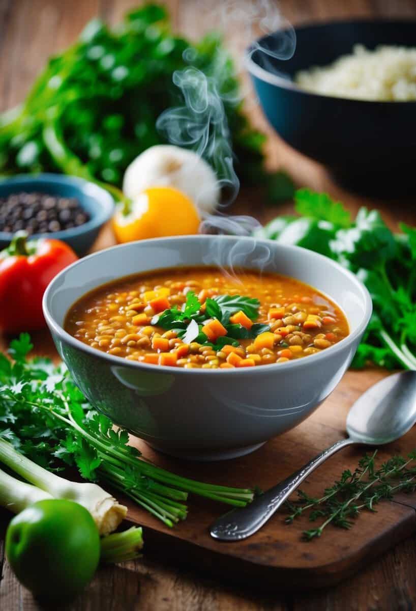 A bowl of steaming red lentil soup surrounded by fresh vegetables and herbs on a wooden table