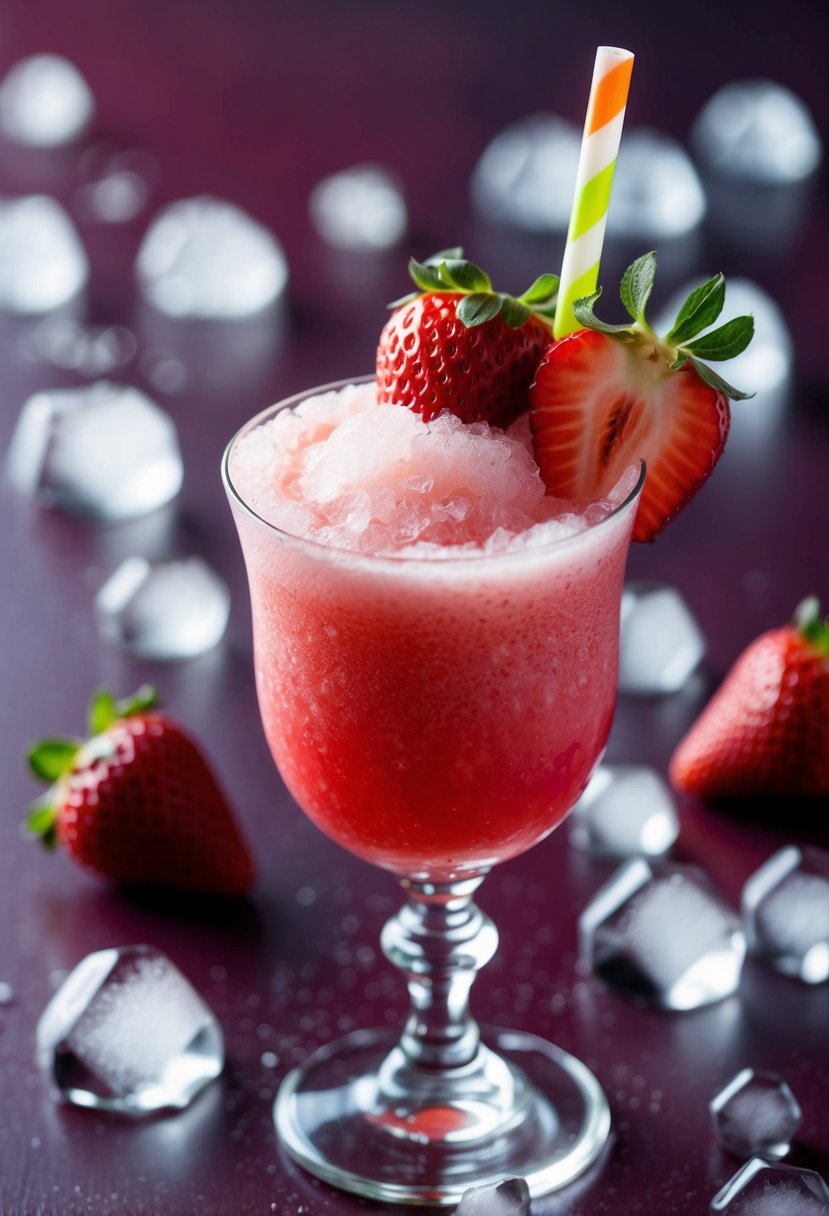 A glass filled with a vibrant red frozen strawberry daiquiri, topped with a slice of fresh strawberry and a colorful straw, surrounded by ice crystals