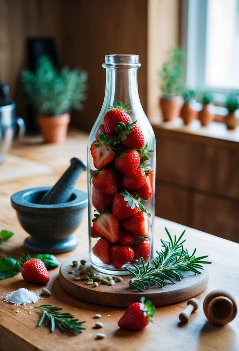 A glass bottle filled with fresh strawberries and rosemary, surrounded by scattered ingredients and a mortar and pestle on a wooden countertop