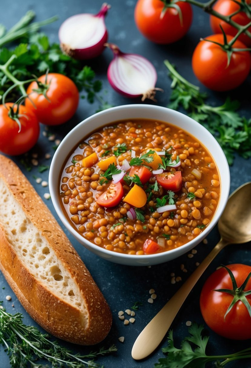 A steaming bowl of red lentil soup surrounded by fresh ingredients like tomatoes, onions, and herbs, with a loaf of crusty bread on the side