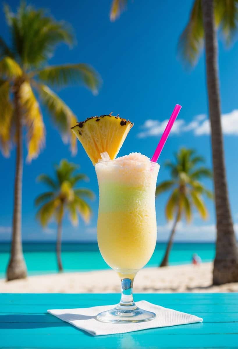 A tropical beach scene with a colorful, icy Piña Colada Slush drink in a frosted glass, surrounded by palm trees and a bright blue sky