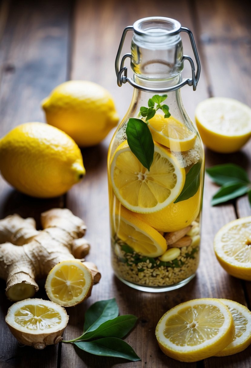 A glass bottle filled with ginger, lemons, and other ingredients sits on a wooden table surrounded by fresh ginger roots and sliced lemons