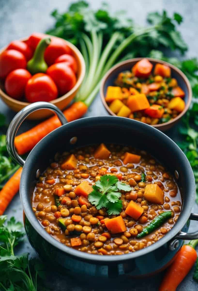 A steaming pot of curried red lentil stew surrounded by vibrant vegetables and spices